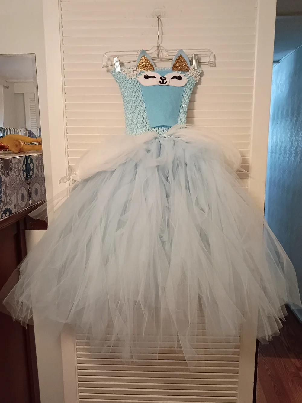 Light Blue Tulle Halter Dress with Playful Cartoon Appliqué Fox Princess